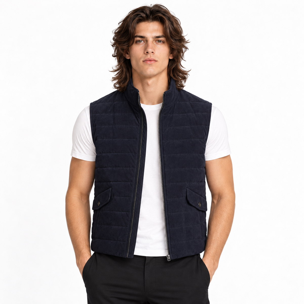 Men Navy Blue Premium Suede Original Leather Vest Coat