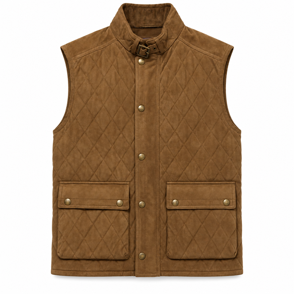 Men's Diamond Quilted Premium Brown Original Suede Leather Vest Coat