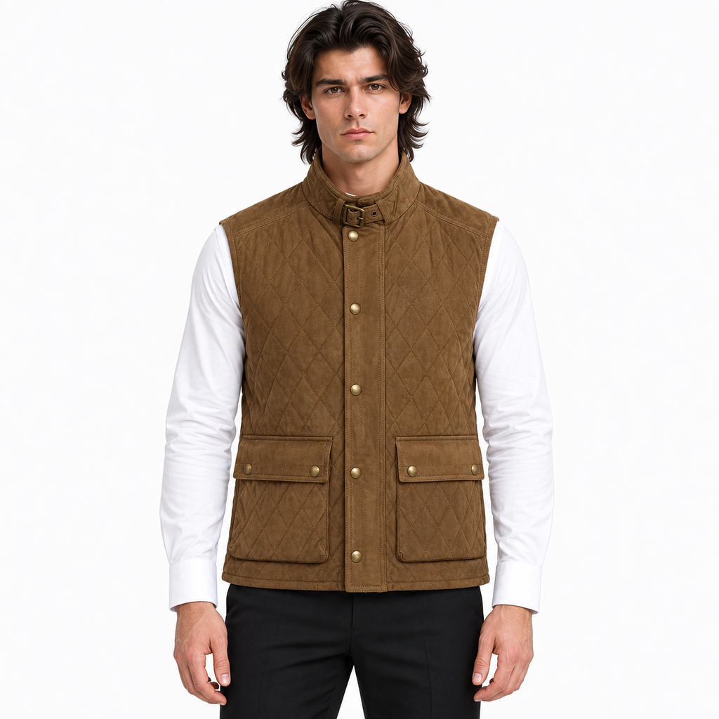 Men's Diamond Quilted Premium Brown Original Suede Leather Vest Coat