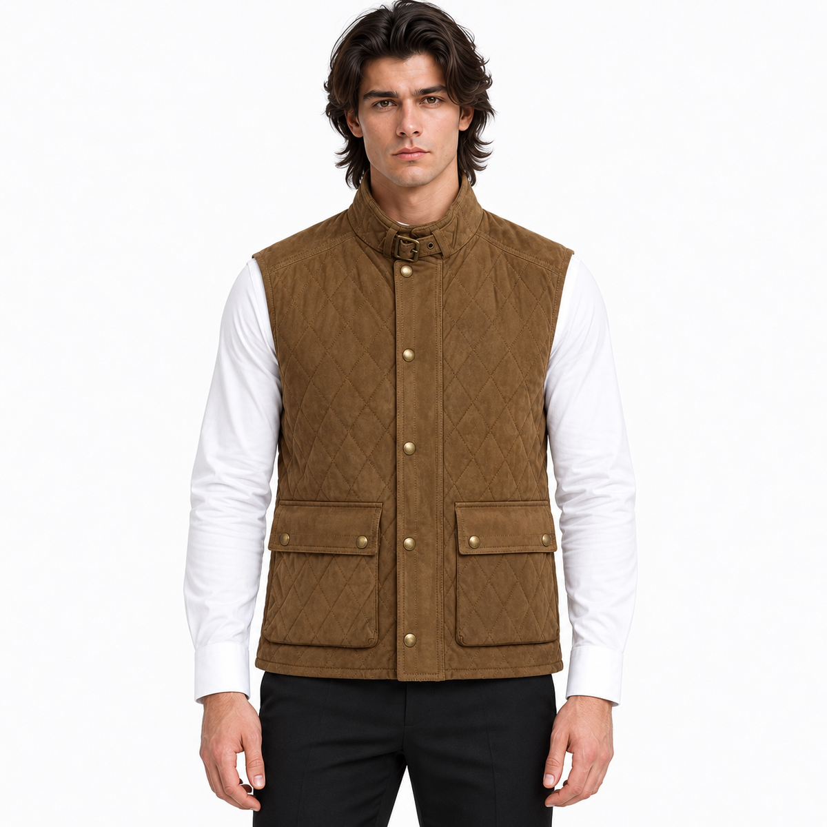 Men's Diamond Quilted Premium Brown Original Suede Leather Vest Coat