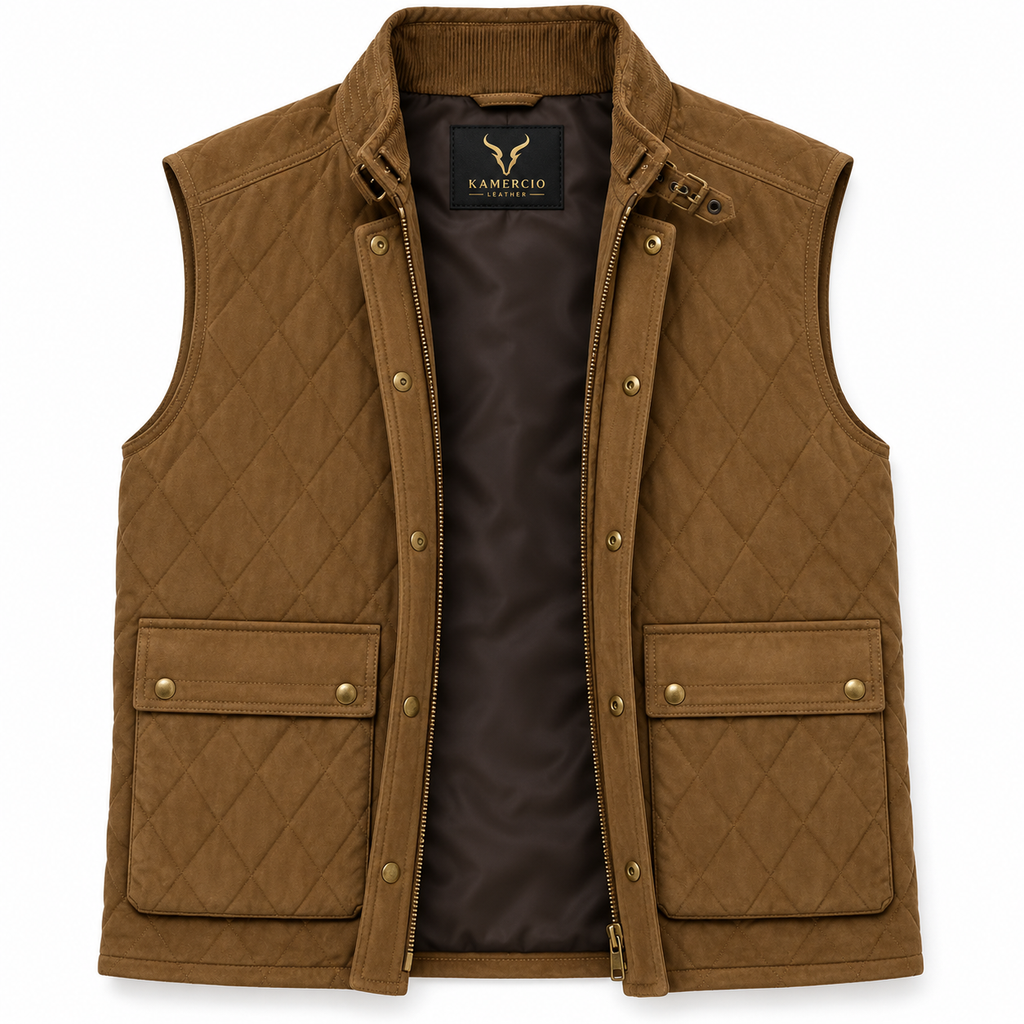 Men's Diamond Quilted Premium Brown Original Suede Leather Vest Coat