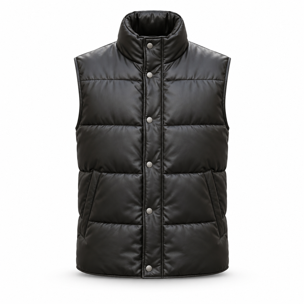 Men's Premium Black Original Leather Quilted Puffer Vest Coat