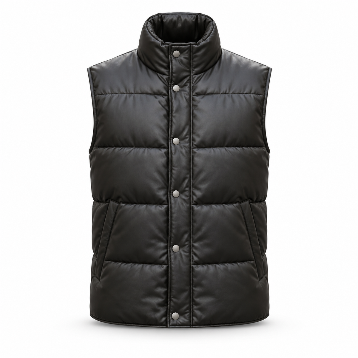 Men's Premium Black Original Leather Quilted Puffer Vest Coat