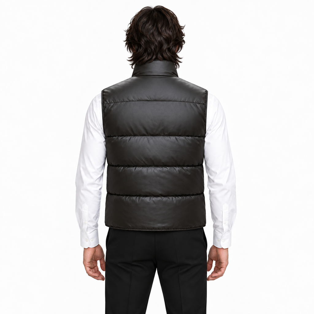 Men's Premium Black Original Leather Quilted Puffer Vest Coat