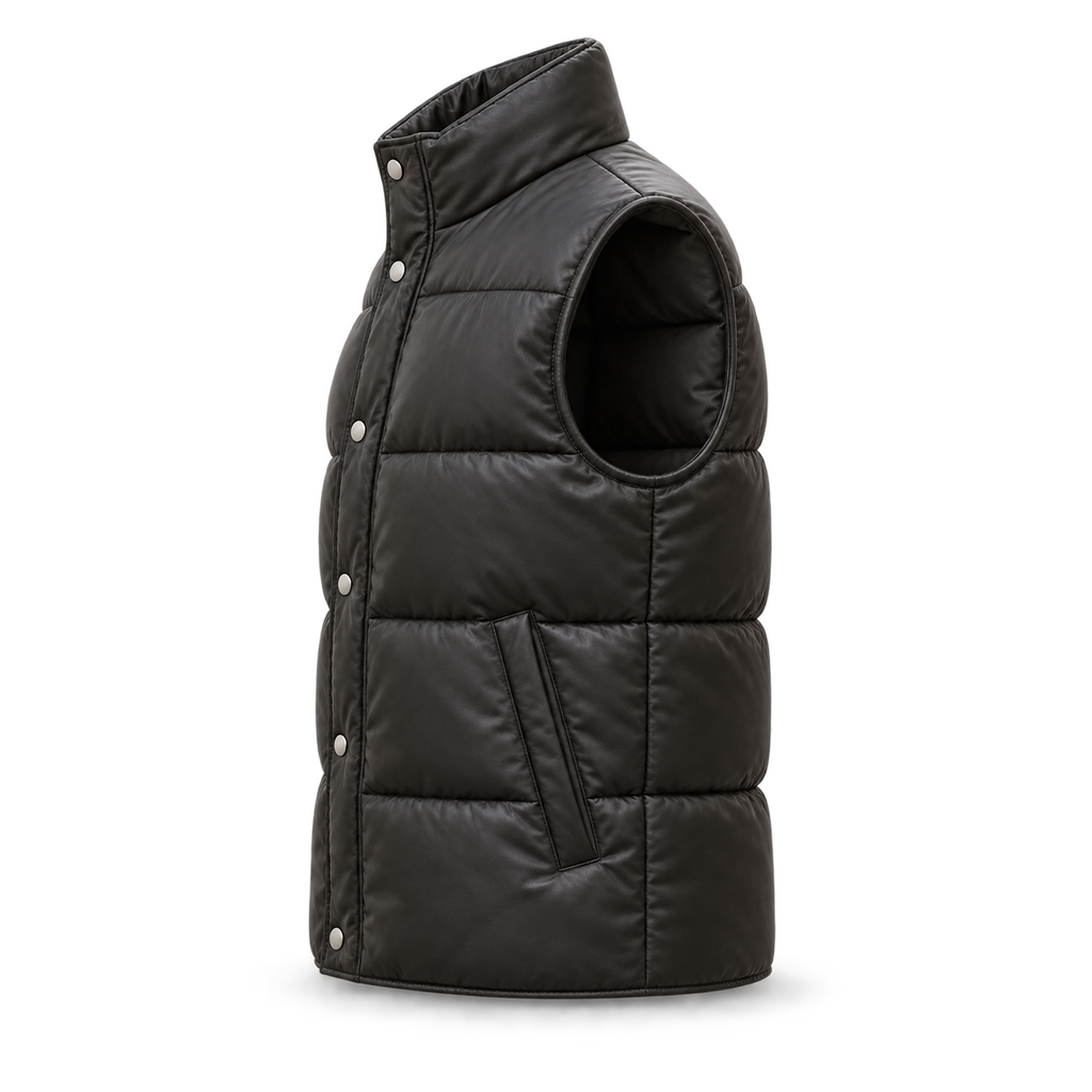 Men's Premium Black Original Leather Quilted Puffer Vest Coat