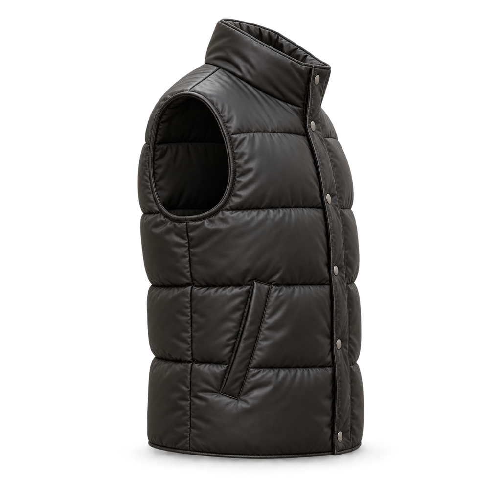 Men's Premium Black Original Leather Quilted Puffer Vest Coat