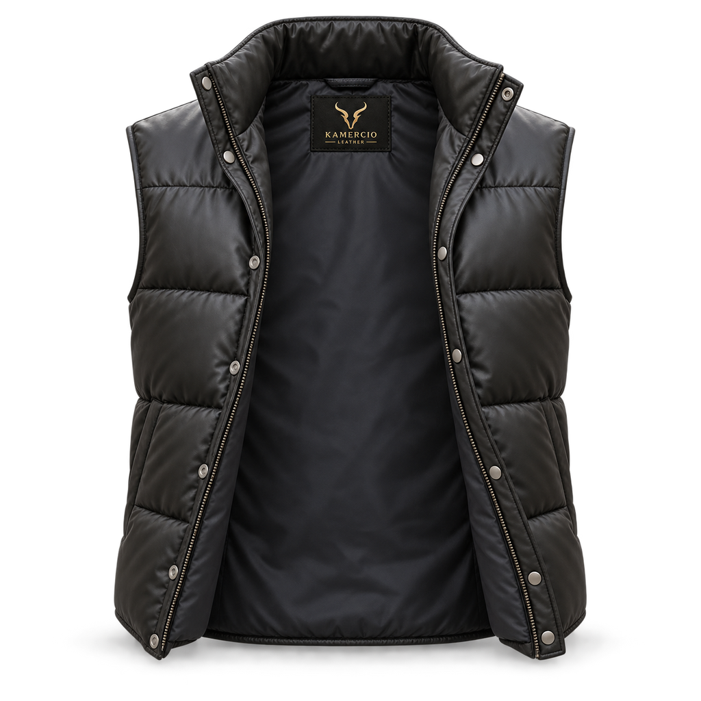Men's Premium Black Original Leather Quilted Puffer Vest Coat