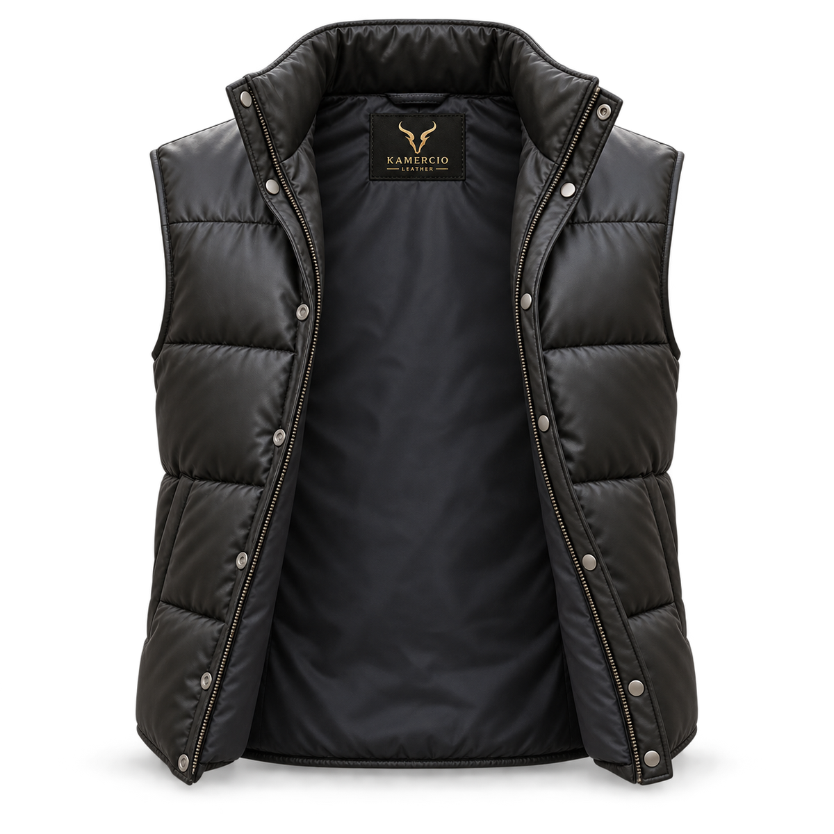 Men's Premium Black Original Leather Quilted Puffer Vest Coat