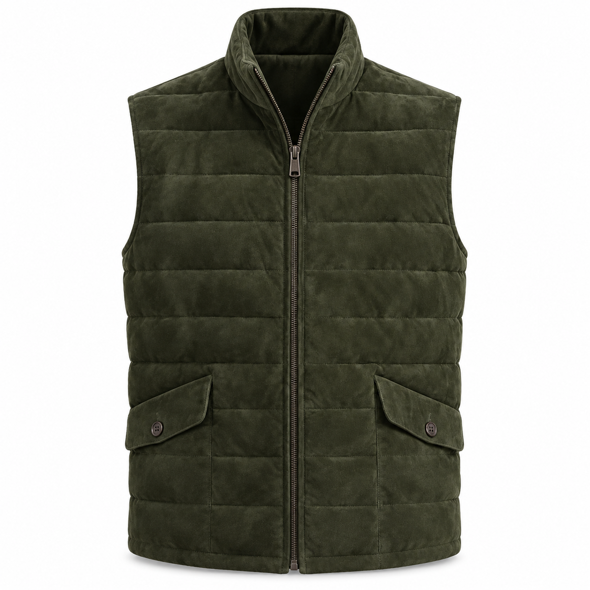 Men's Original Premium Olive Green Quilted Zip Suede Leather Vest Coat