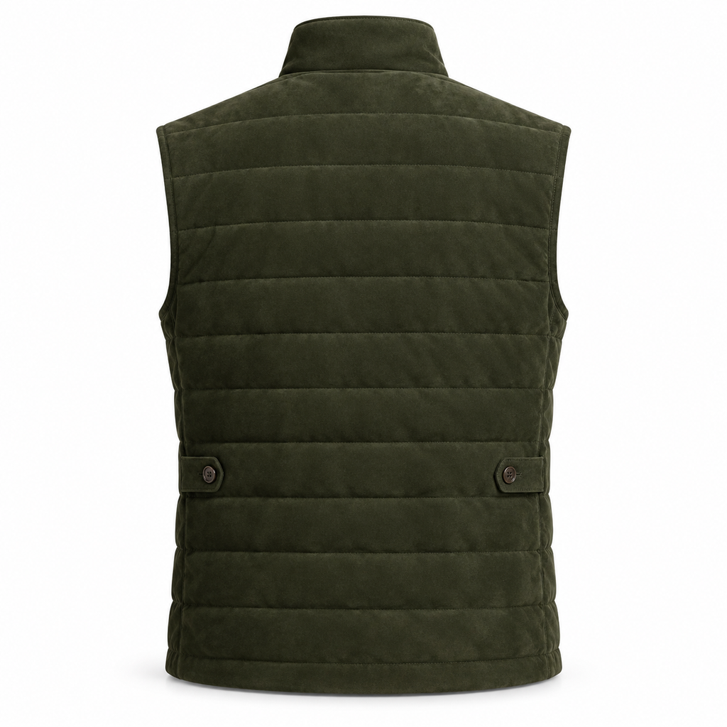 Men's Original Premium Olive Green Quilted Zip Suede Leather Vest Coat