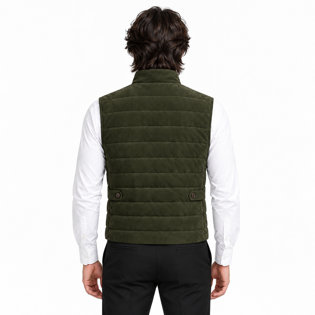 Men's Original Premium Olive Green Quilted Zip Suede Leather Vest Coat