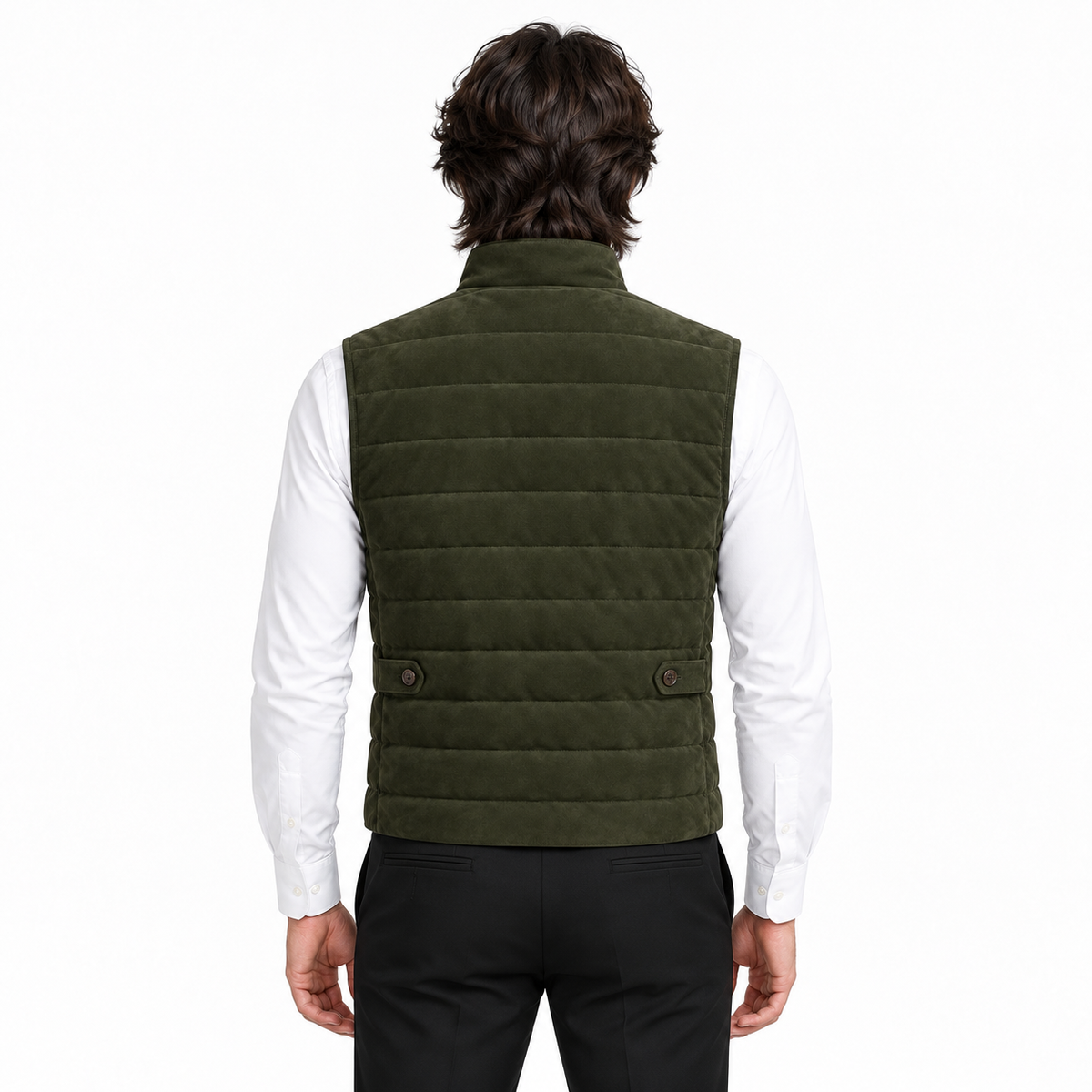 Men's Original Premium Olive Green Quilted Zip Suede Leather Vest Coat