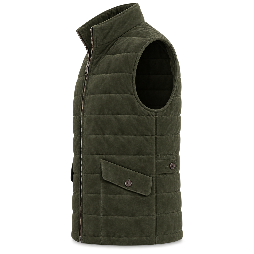 Men's Original Premium Olive Green Quilted Zip Suede Leather Vest Coat