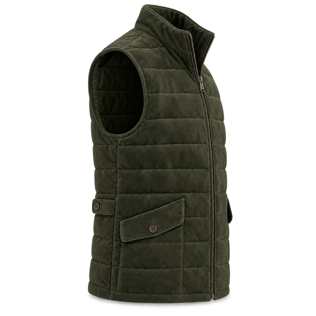 Men's Original Premium Olive Green Quilted Zip Suede Leather Vest Coat