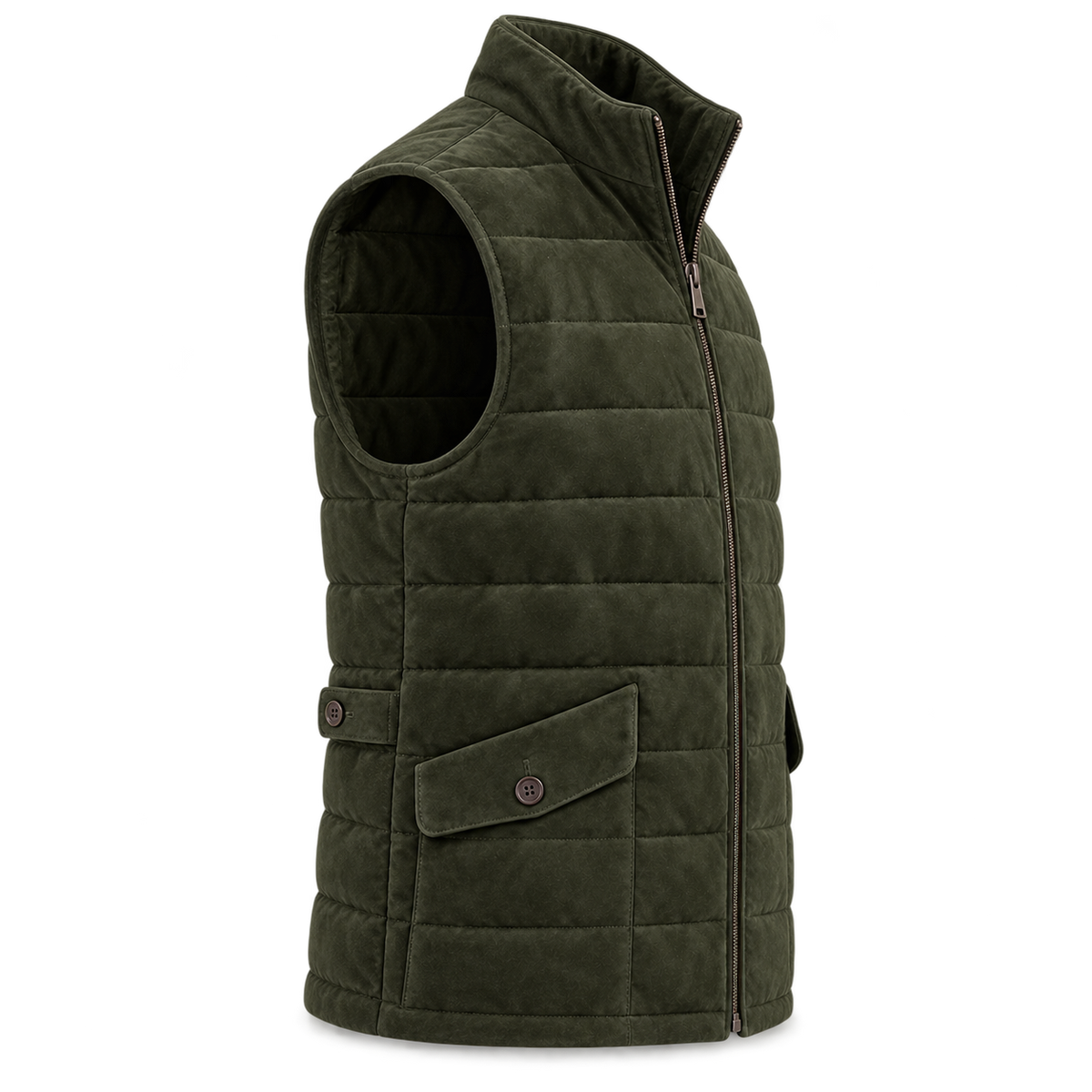 Men's Original Premium Olive Green Quilted Zip Suede Leather Vest Coat