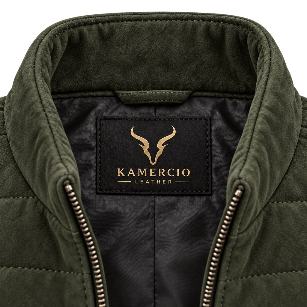 Men's Original Premium Olive Green Quilted Zip Suede Leather Vest Coat