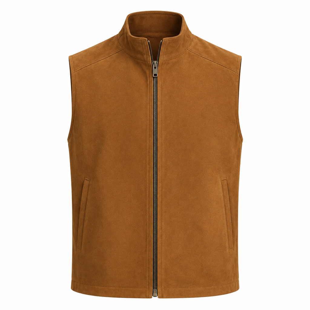 Men's Brown Premium Original Stand-Collar Zip Suede Leather Vest Coat