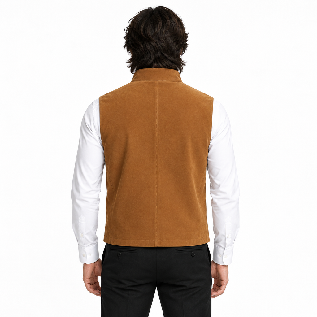 Men's Brown Premium Original Stand-Collar Zip Suede Leather Vest Coat