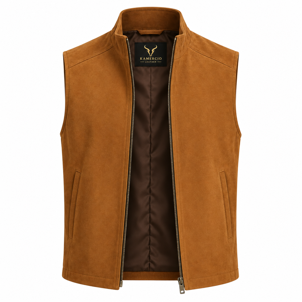Men's Brown Premium Original Stand-Collar Zip Suede Leather Vest Coat