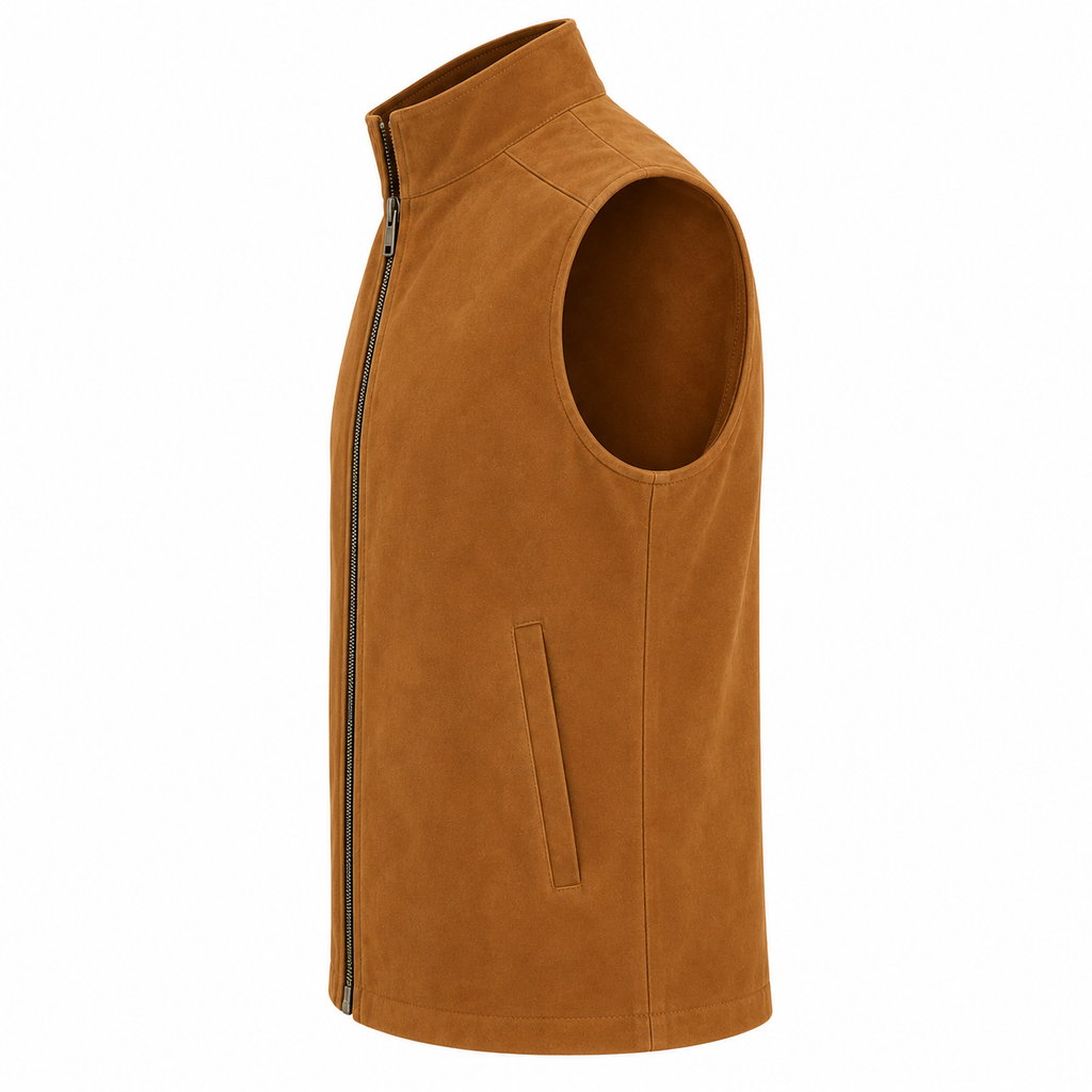 Men's Brown Premium Original Stand-Collar Zip Suede Leather Vest Coat