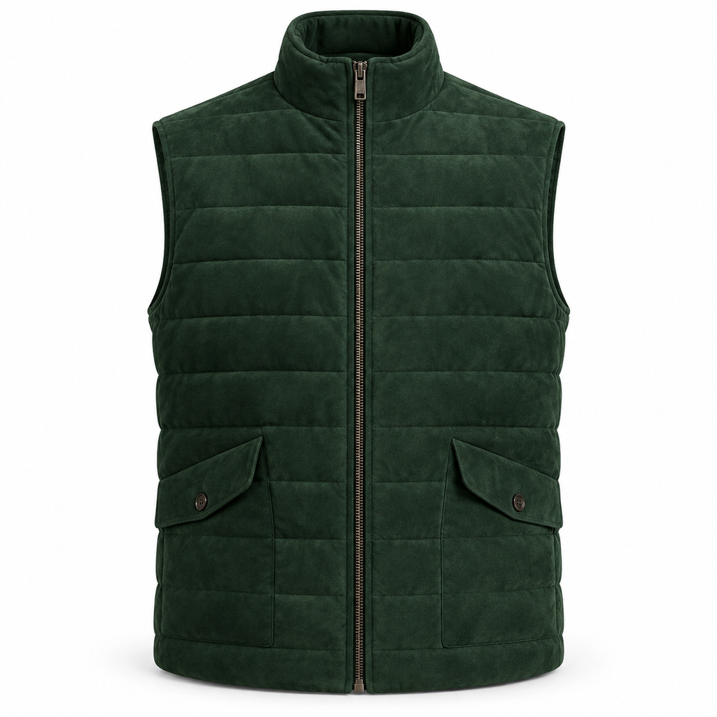 Men’s Premium Green Quilted Zip-Up Original Suede Leather Vest Coat