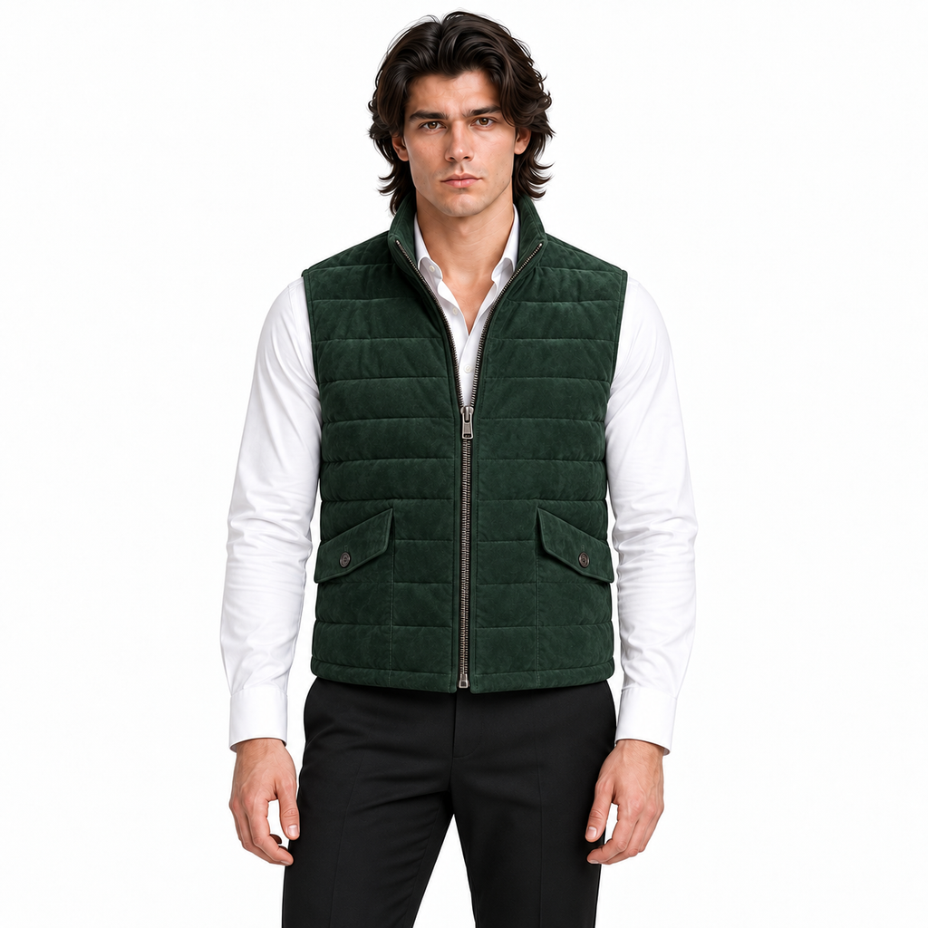 Men’s Premium Green Quilted Zip-Up Original Suede Leather Vest Coat