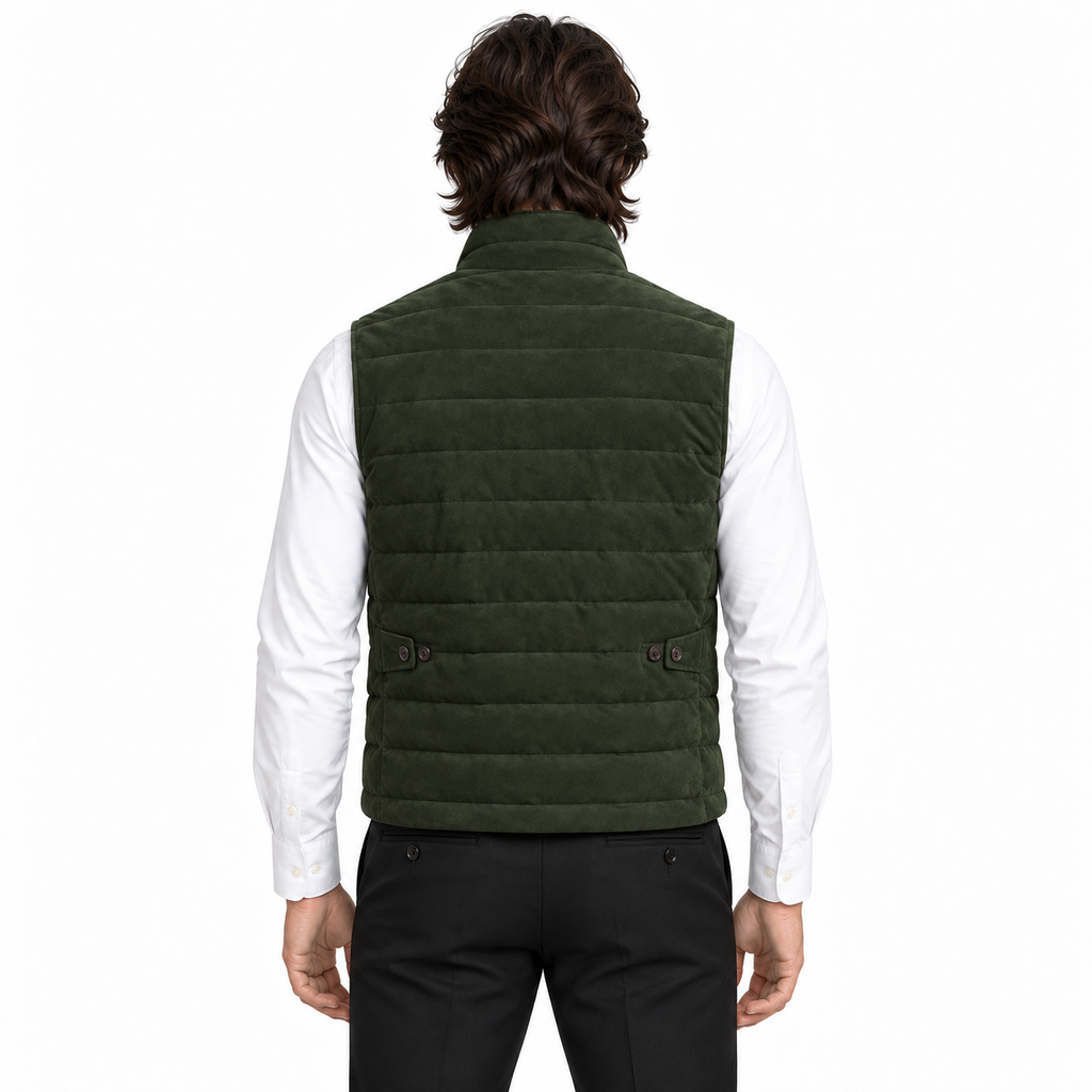 Men’s Premium Green Quilted Zip-Up Original Suede Leather Vest Coat