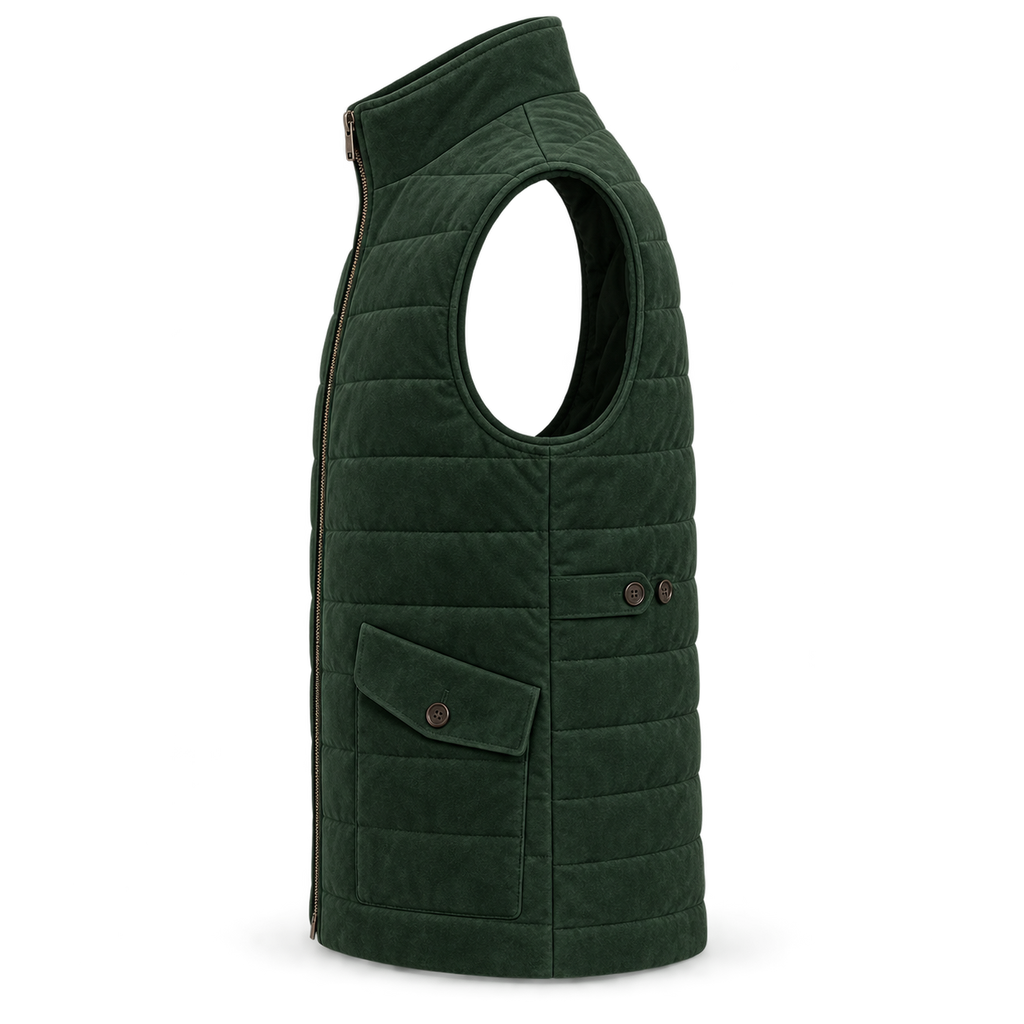 Men’s Premium Green Quilted Zip-Up Original Suede Leather Vest Coat