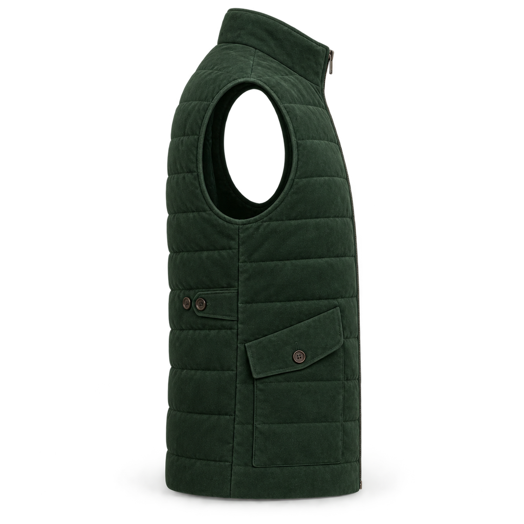 Men’s Premium Green Quilted Zip-Up Original Suede Leather Vest Coat