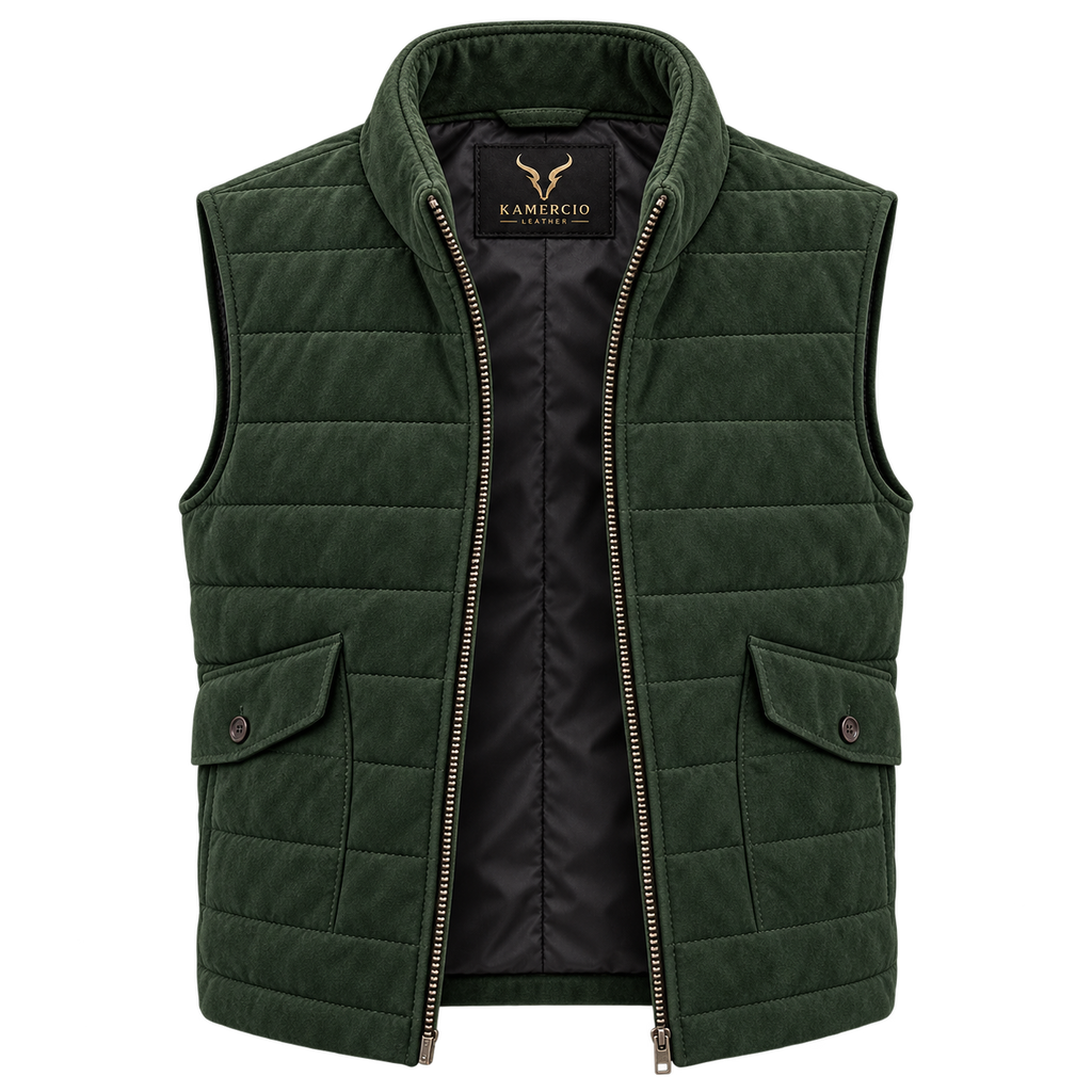 Men’s Premium Green Quilted Zip-Up Original Suede Leather Vest Coat