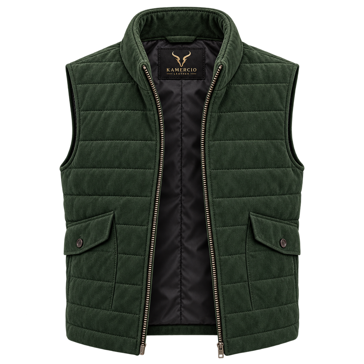 Men’s Premium Green Quilted Zip-Up Original Suede Leather Vest Coat