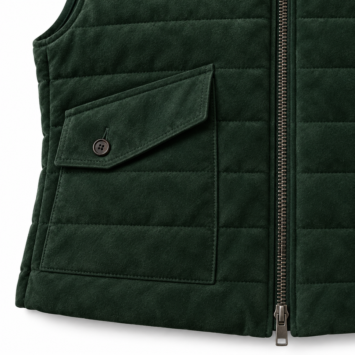 Men’s Premium Green Quilted Zip-Up Original Suede Leather Vest Coat