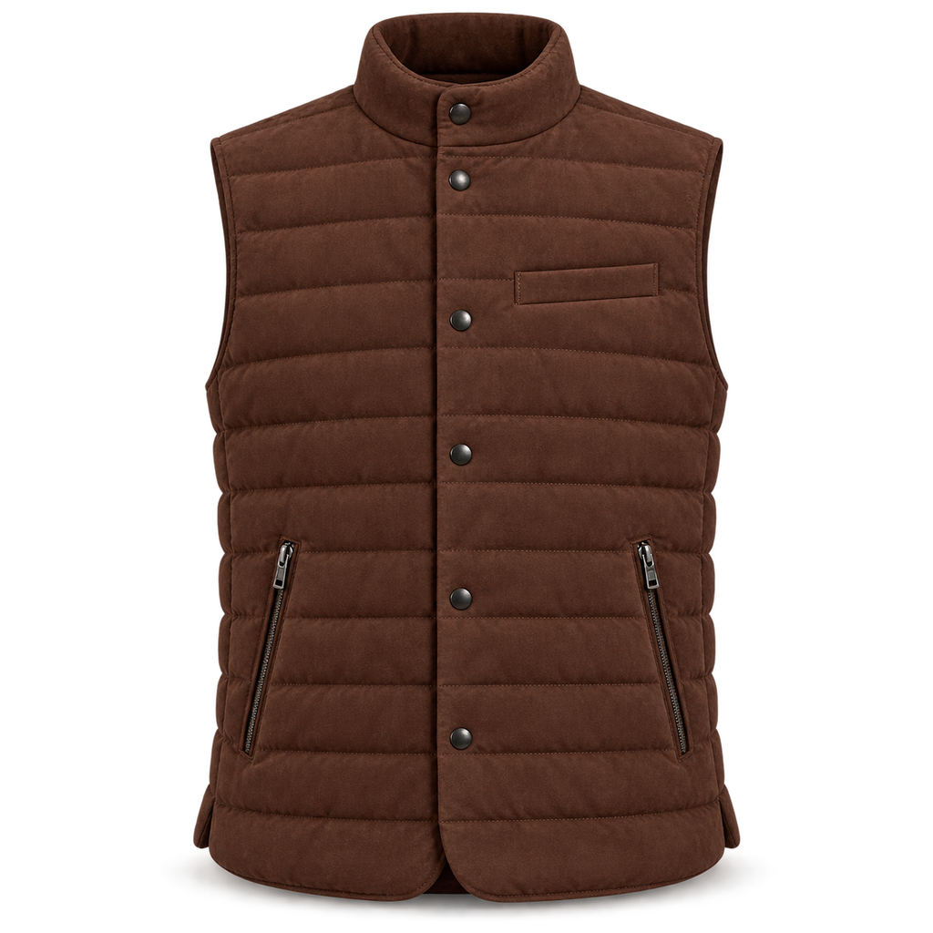 Men’s Premium Brown Quilted Stand-Collar Original Suede Leather Vest Coat