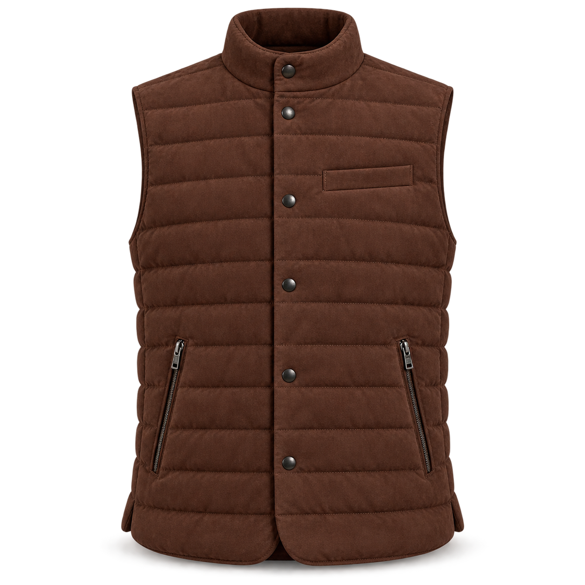 Men’s Premium Brown Quilted Stand-Collar Original Suede Leather Vest Coat