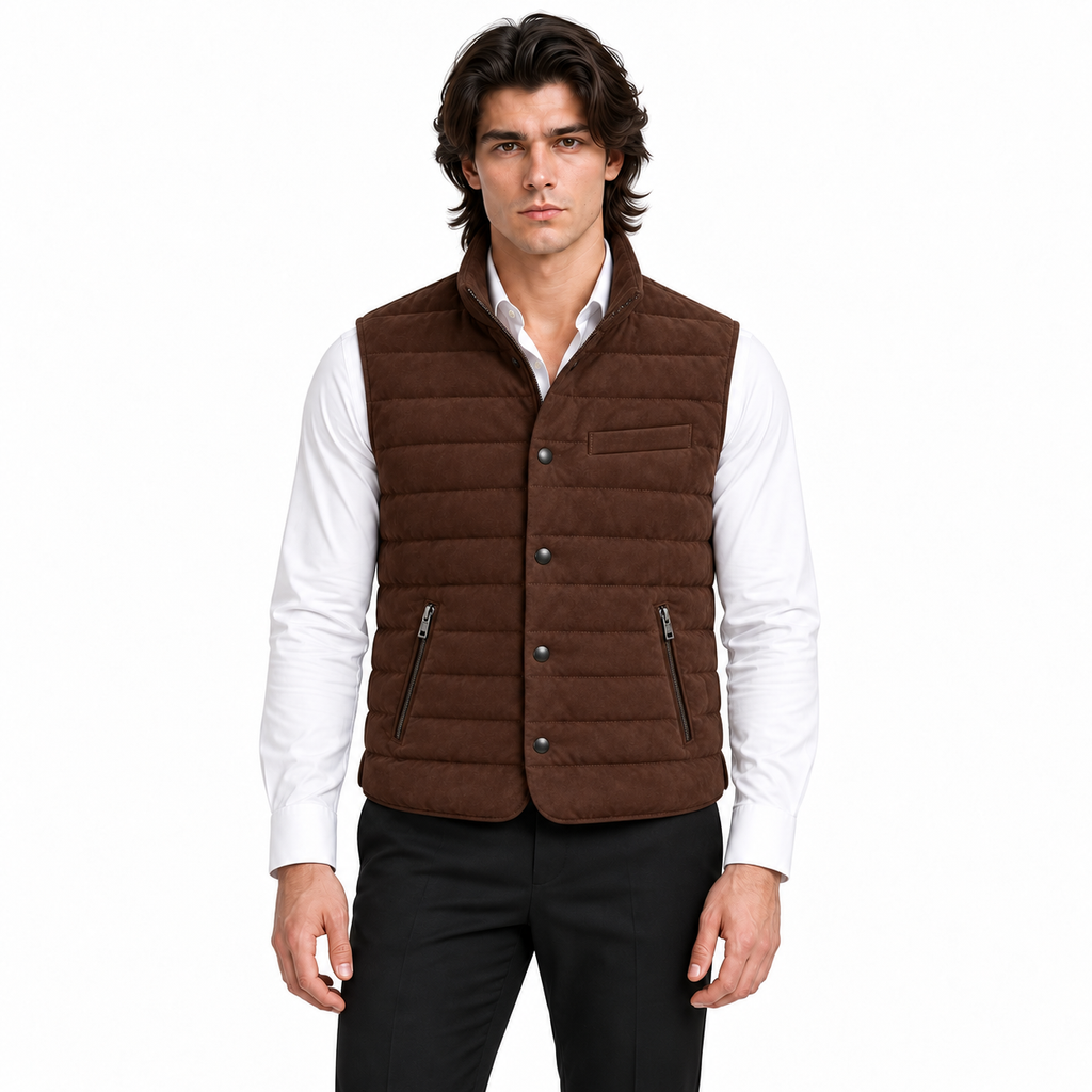 Men’s Premium Brown Quilted Stand-Collar Original Suede Leather Vest Coat