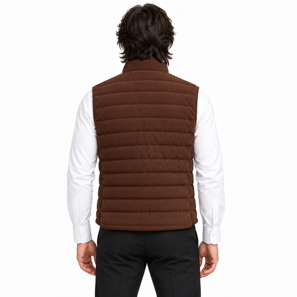 Men’s Premium Brown Quilted Stand-Collar Original Suede Leather Vest Coat