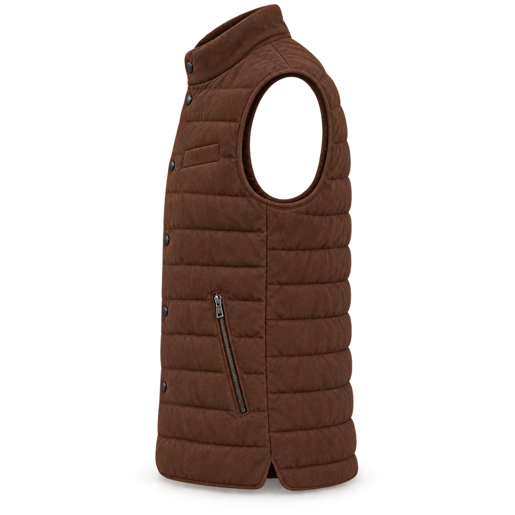 Men’s Premium Brown Quilted Stand-Collar Original Suede Leather Vest Coat