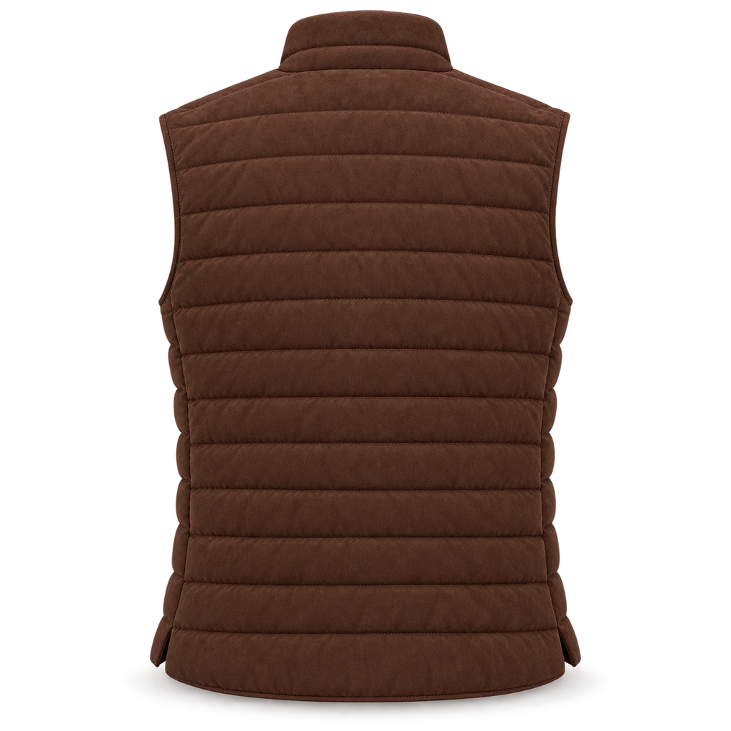 Men’s Premium Brown Quilted Stand-Collar Original Suede Leather Vest Coat