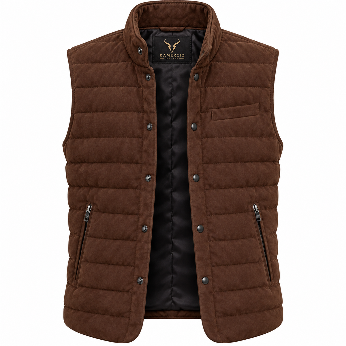 Men’s Premium Brown Quilted Stand-Collar Original Suede Leather Vest Coat