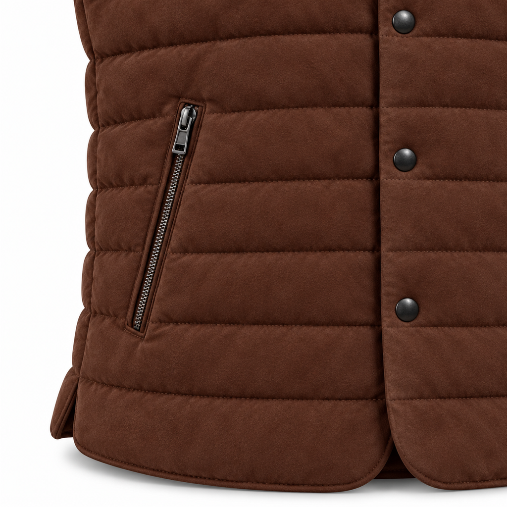 Men’s Premium Brown Quilted Stand-Collar Original Suede Leather Vest Coat