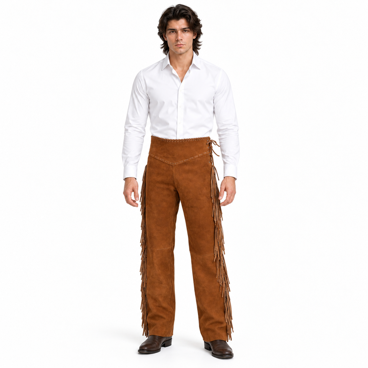 Men Premium Brown Suede Original Leather Fringe Pant
