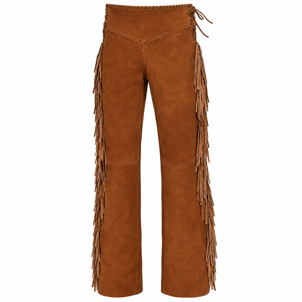 Men Premium Brown Suede Original Leather Fringe Pant