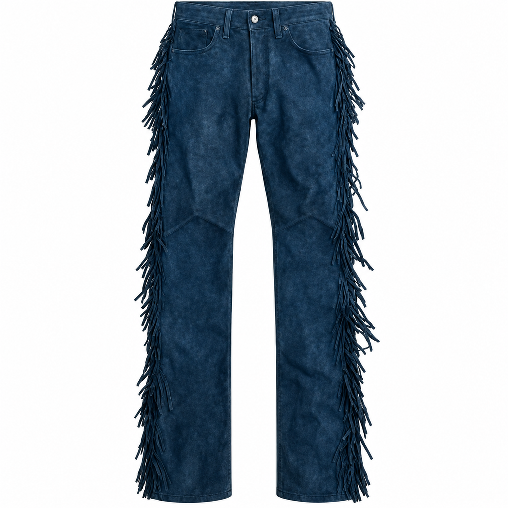 Men Premium Original Blue Suede Leather Fringe Pant