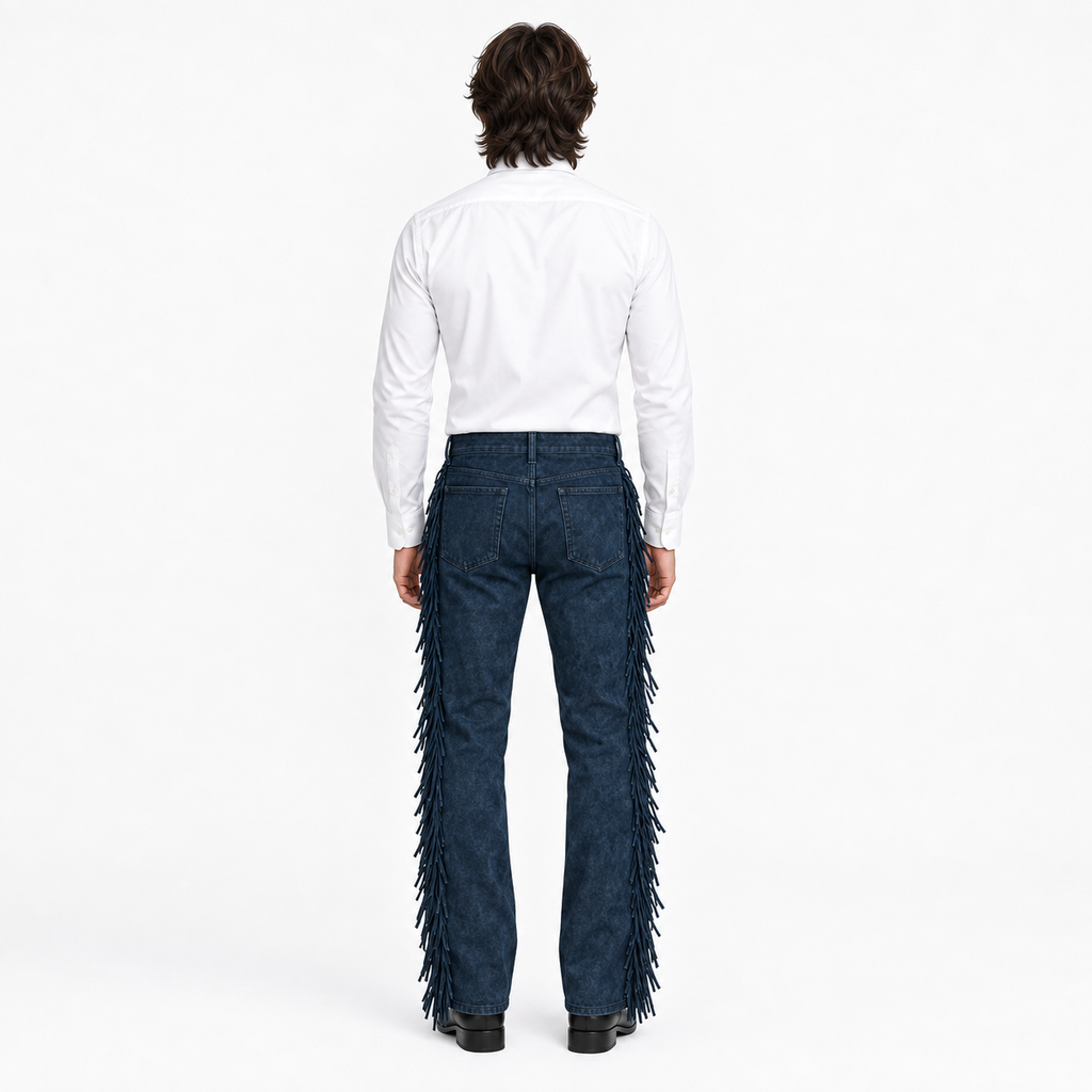 Men Premium Original Blue Suede Leather Fringe Pant