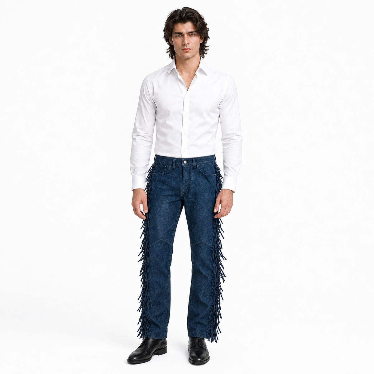 Men Premium Original Blue Suede Leather Fringe Pant