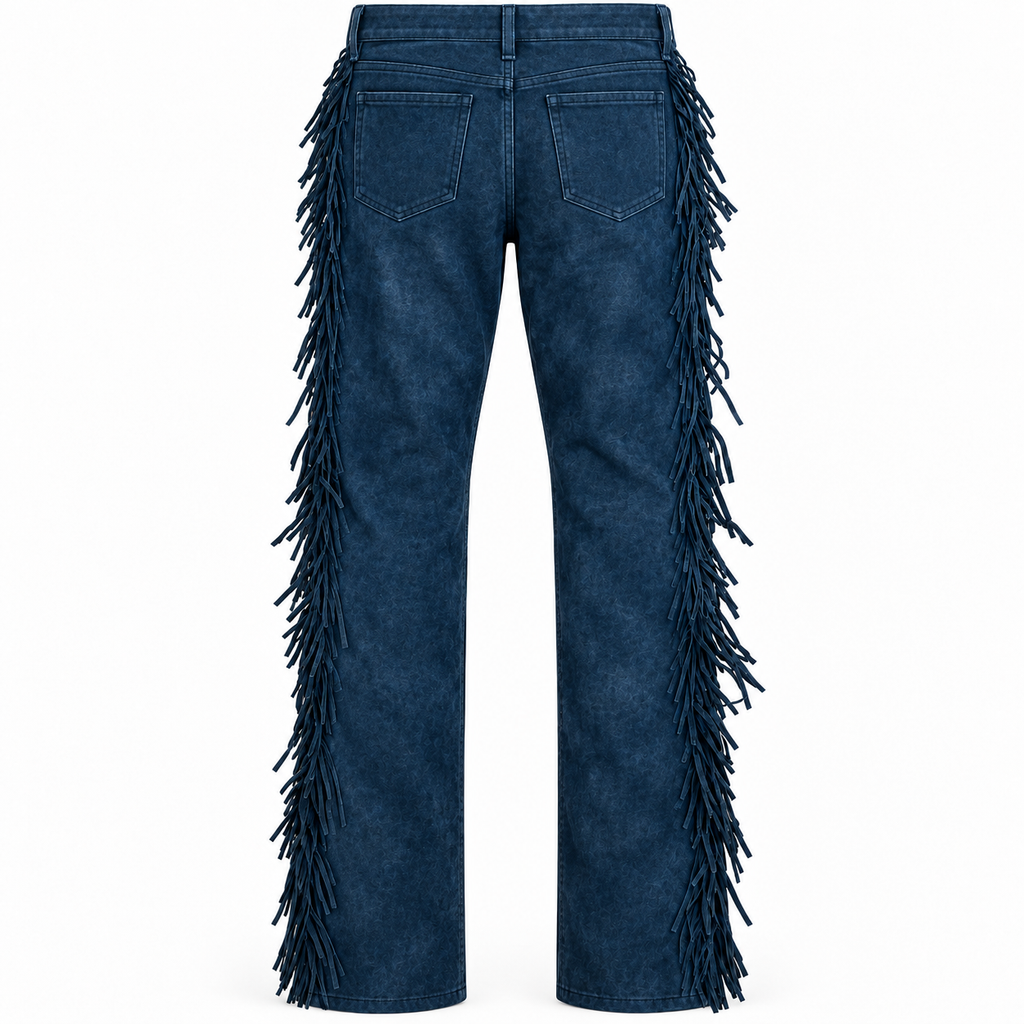Men Premium Original Blue Suede Leather Fringe Pant