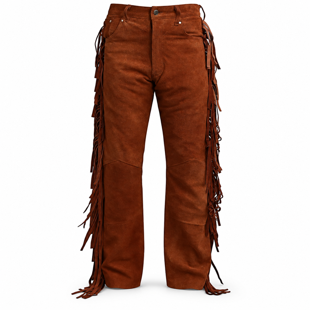 Men Premium Brown Original Suede Leather Fringe Pant