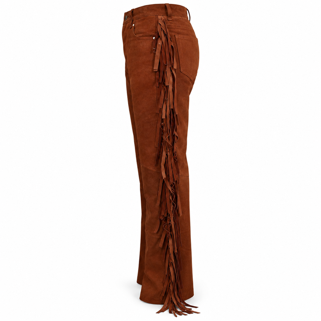 Men Premium Brown Original Suede Leather Fringe Pant
