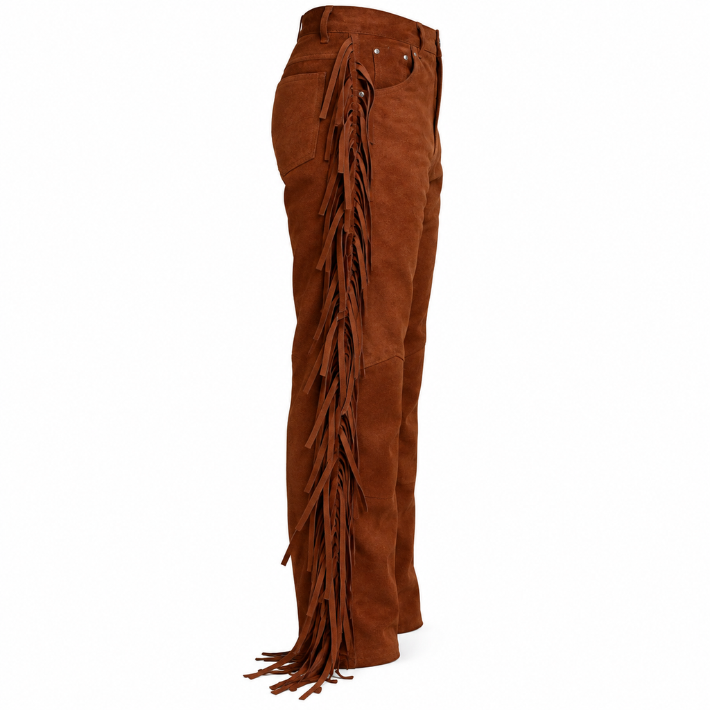 Men Premium Brown Original Suede Leather Fringe Pant