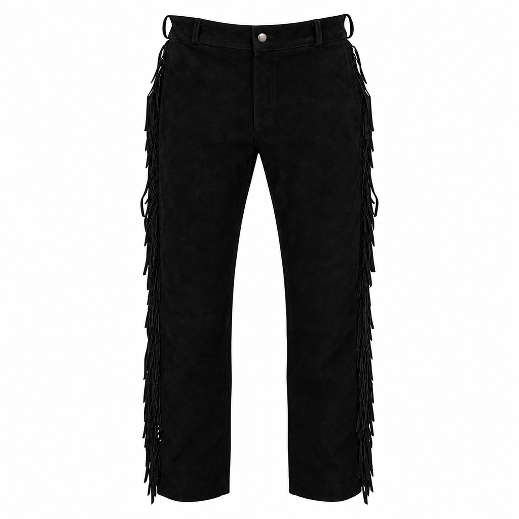 Men Premium Original Black Suede Leather Fringe Pant